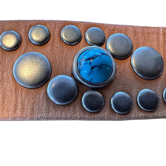 Steve Madden Studded Tan Leather Western Belt Faux Turquoise Boho Cowgirl Small - Picture 4 of 14